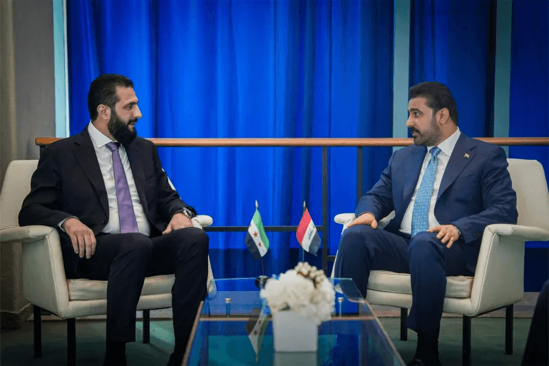 بحث الرئيس السوري أحمد الشرع ورئيس الوزراء العراقي علي الزيدي، مساء ال